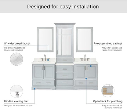 ARIEL Stafford 84-inch Bathroom Vanity with Sink,Solid Wood, 1.5-inch Pure White Quartz Countertop & Backsplash, Double Rectangular Porcelain Sink, 5 Soft Closing Doors, 6 Dovetail Drawers, Grey