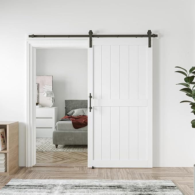 42in x 96in MDF Sliding Barn Door with 7ft Barn Door Hardware Kit & Handle | White Solid Barn Door Slab Covered with Water-Proof PVC Surface, Pre-Drilled Holes Easy Assembly, H-Frame