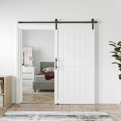 42in x 96in MDF Sliding Barn Door with 7ft Barn Door Hardware Kit & Handle | White Solid Barn Door Slab Covered with Water-Proof PVC Surface, Pre-Drilled Holes Easy Assembly, H-Frame