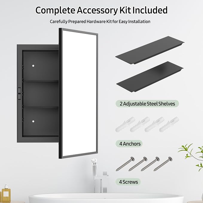 NLShan Medicine Cabinet Mirror for Bathroom: Recessed Vanity Bathroom Cabinet with Mirror Door - Black Metal Framed and Wall Mounted Design with Adjustable Shelves for Bathroom Storage - 16x24 inch