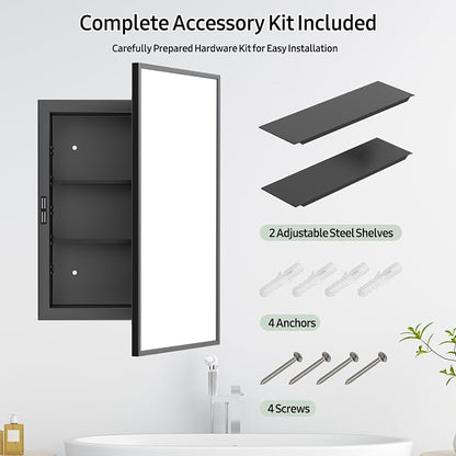 NLShan Medicine Cabinet Mirror for Bathroom: Recessed Vanity Bathroom Cabinet with Mirror Door - Black Metal Framed and Wall Mounted Design with Adjustable Shelves for Bathroom Storage - 16x24 inch