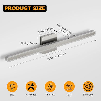 Brushed Nickel Vanity Lights for Bathroom 31.5 Inch LED Bathroom Light Bar | 24W with 5CCT Dimmable, Modern Bathroomakeup Mirror Lights