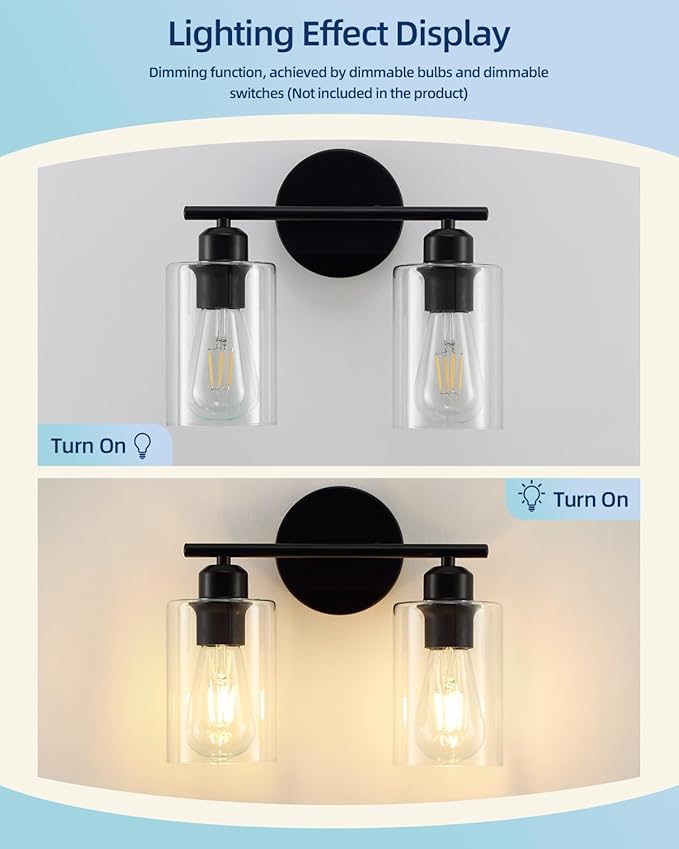 2-Light Bathroom Light Fixtures, Matte Black Bathroom Vanity Lights, Bathroom Lighting Fixtures Over Mirror with Clear Glass Shade, Wall Sconce Light for Bedroom, Living Room and Hallway