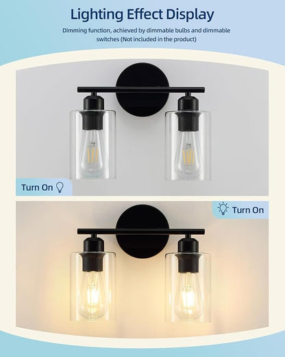 2-Light Bathroom Light Fixtures, Matte Black Bathroom Vanity Lights, Bathroom Lighting Fixtures Over Mirror with Clear Glass Shade, Wall Sconce Light for Bedroom, Living Room and Hallway