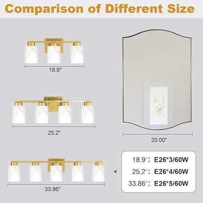 5-Light Bathroom Light Fixtures, Modern Vanity Lights, Gold Metal Wall Lamp with White Marble Glass for Bathroom, Mirror, Living Room, Bedroom, Cabinet, Porch, Hallway, E26 Base