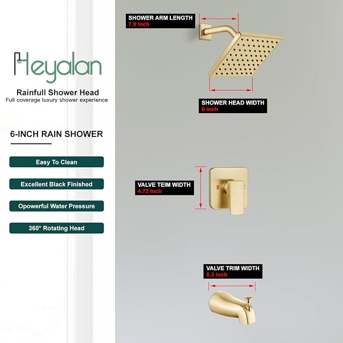 Heyalan 6 Inch Shower Faucet Set with Tub Spout and Valve, Brushed Gold | 6-inch square rainfall head, tub spout with diverter, male-thread rough-in valve, single-handle control and wall-mount design