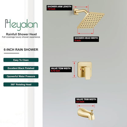 Heyalan 6 Inch Shower Faucet Set with Tub Spout and Valve, Brushed Gold | 6-inch square rainfall head, tub spout with diverter, male-thread rough-in valve, single-handle control and wall-mount design