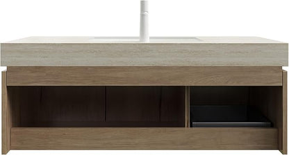 Ambrovina 48 inch Bathroom Vanity with Sink, Wall Mounted Bathroom Vanities with Drawer and 2 Doors, Roma Travertine-Pattern Countertop and Ceramic Basin, Pre-Assembled, Light Wooden Color