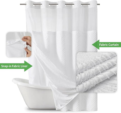 eachope Extra Long No Hook Shower Curtain and Liner Set，Boho Style with See Through Top Window, White Fabric Tufted Striped Textured Outer Curtain with Snap in Liner, White, 71Wx86H
