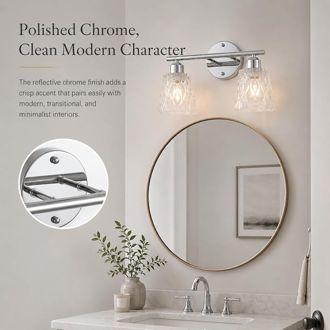 Chrome 2 Light Bathroom Vanity Lights with Textured Glass Shades, E26 Sockets, Bathroom Light Fixtures Over Mirror, Modern Lighting Fixtures Wall Lamp Vanity Lights