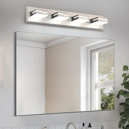 LED Modern Bathroom Vanity Light Fixtures 4-Light, 25.5 inch Dimmable Nickel Vanity Lights for Bathroom Lighting Fixtures Over Mirror, with 350°Rotatable Acrylic Heads(White Light 5500K)