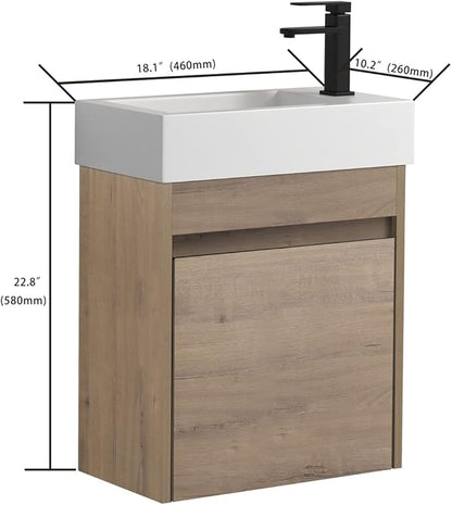 Wall Mount 18 Inch Bathroom Vanity W/Sink Combo for Small Space, Modern Design Vanity Cabinet Gel Basin Countertop, Float Mounting Design Cabinet Set with Single Soft Close Doors (without Faucet)