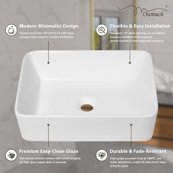 Bathroom Vessel Sink 19"x15" Rectangle Bathroom Sink Above Counter | White Ceramic Porcelain Vessel Sinks Modern Countertop Bathroom Art Basin