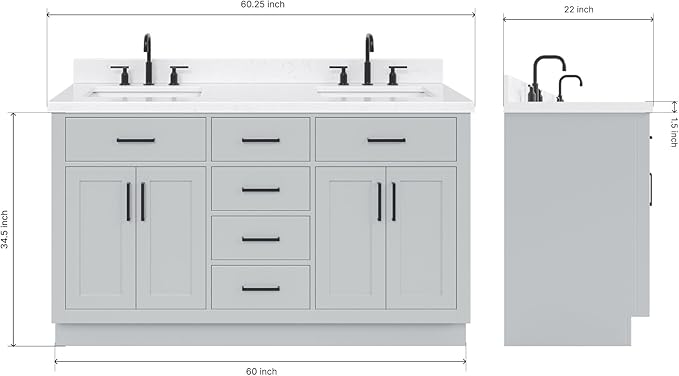 ARIEL Hepburn 60-inch Bathroom Vanity with Sink,Solid Wood, 1.5-inch Carrara White Quartz Countertop & Backsplash, Double Rectangular Porcelain Sink, 4 Soft Closing Doors, 6 Dovetail Drawers, Grey