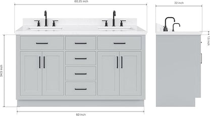 ARIEL Hepburn 60-inch Bathroom Vanity with Sink,Solid Wood, 1.5-inch Carrara White Quartz Countertop & Backsplash, Double Rectangular Porcelain Sink, 4 Soft Closing Doors, 6 Dovetail Drawers, Grey