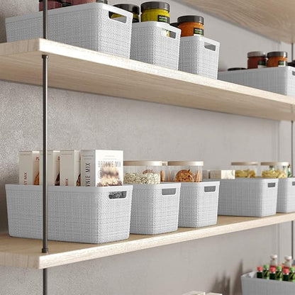 Curver Set of 8 Slim 6.8L Jute Decorative Plastic Organization and Storage Baskets - Perfect Bins for Home Office, Closet Shelves, Kitchen Pantry and All Bedroom Essentials, White
