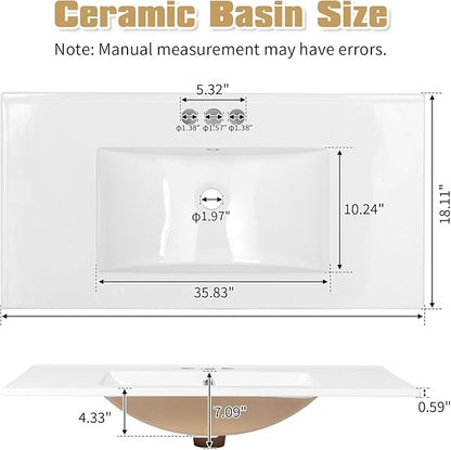 VINGLI 36" Modern Bathroom Vanity with Ceramic Sink, White Bathroom Vanity Cabinet w/2 Stripe Doors & 2 Drawers, Bathroom Sink Cabinet Combo, Floor Storage Cupboard w/Open Shelf for Bathroom