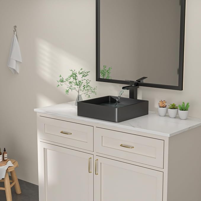 Dcolora 15 In. Black Drop In Bathroom Vessel Sink, 16 Gauge Stainless Steel Vanity Sink with Drain Assembly, R10 Rounded Corners,15”D x 15”W x 4”H #DC-VS261201