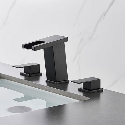 LED Bathroom Faucet 3 Hole, Matte Black Waterfall Bathroom Faucets, 8 Inch Widespread Modern Bathroom Sink Faucet & Parts, Wide Spread Touch On Three Hole 2 Handle Bathroom Vanity Faucet