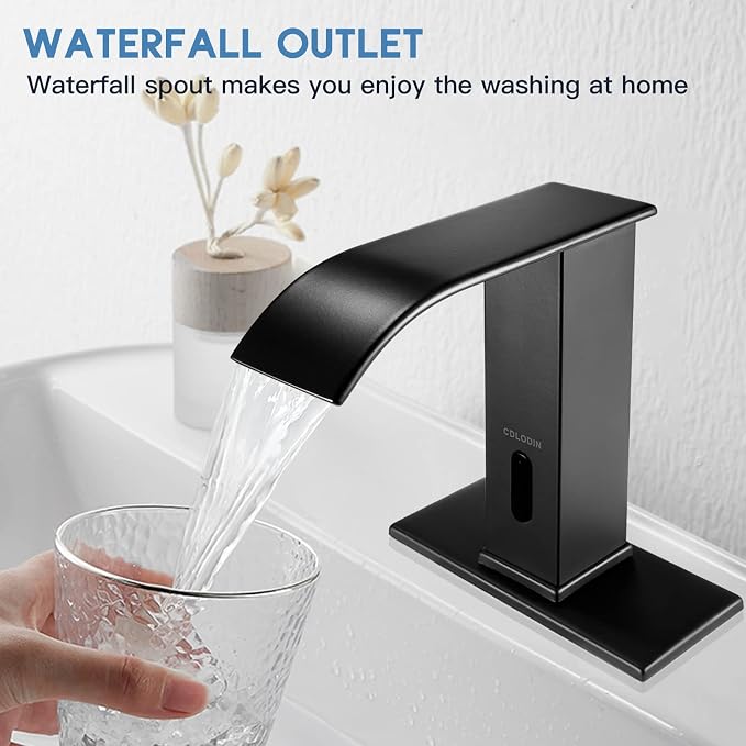 Touchless Bathroom Faucet, Automatic Sensor Waterfall Bathroom Tap, Modern Stainless Matte Black Sink, Hands Free Motion Sensor Lavatory Faucets for Sink 1 Hole