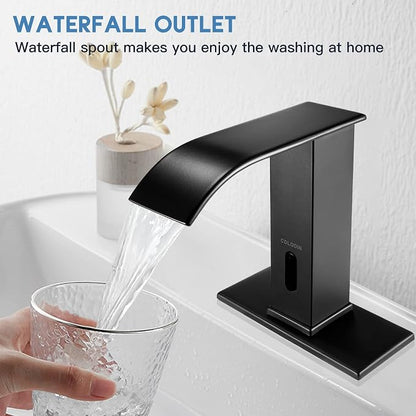 Touchless Bathroom Faucet, Automatic Sensor Waterfall Bathroom Tap, Modern Stainless Matte Black Sink, Hands Free Motion Sensor Lavatory Faucets for Sink 1 Hole