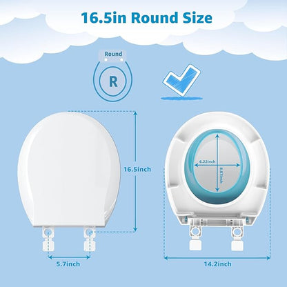 Potty Training Seat Built-in Toilet Seat, Round Toilet Seat 16.5inch with Baby Seat 2 in 1 Soft Close Quiet No Slapping, Magnetic Absorption, Easy Installation for Bottom Fixing Toilet，White and Blue