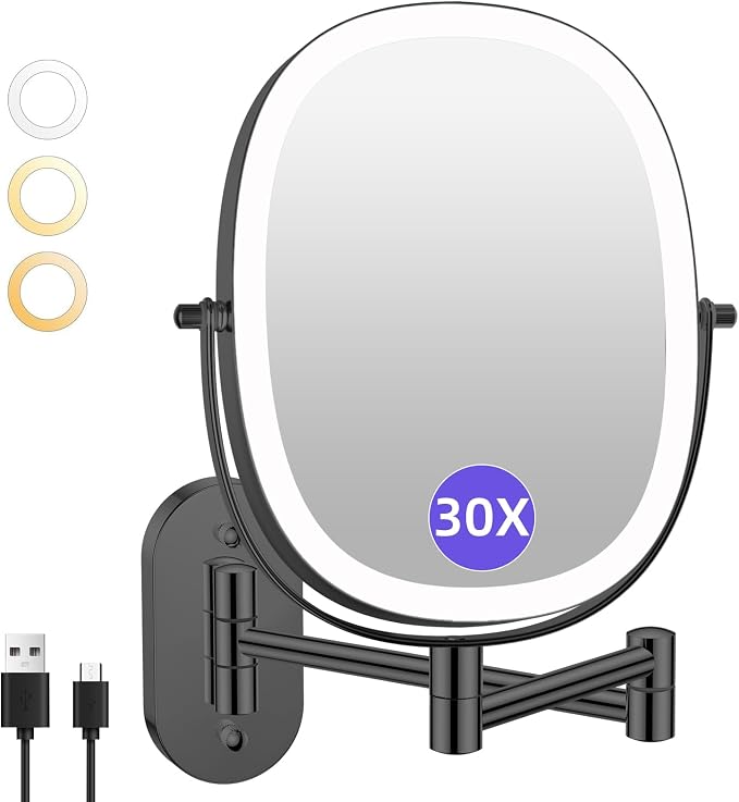 FUNTOUCH 5000mAh Rechargeable Wall Mounted Lighted Makeup Mirror,Black | Double Sided 30X/1X Magnifying Mirror Wall Mounted,Extended Arm 360°Rotation,Touch Dimmable,3 Color Lights for Bathroom