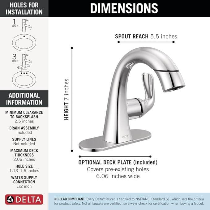 Delta Arvo 1 Hole Pull Down Bathroom Faucet with Sprayer, Chrome Single Hole Bathroom Sink Faucet with Pull Out Sprayer for Vanity, Metal Push-Pop Drain, Chrome 15840LF-PD