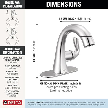 Delta Arvo 1 Hole Pull Down Bathroom Faucet with Sprayer, Chrome Single Hole Bathroom Sink Faucet with Pull Out Sprayer for Vanity, Metal Push-Pop Drain, Chrome 15840LF-PD