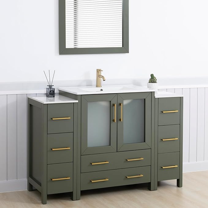 Vanity Art 54 Inch Under Mount Single Sink Bathroom Vanity Cabinet with 1 Mirror, Ceramic Top Bathroom Cabinet Compact Set with 8 Dovetail Storage Drawers and Golden Brushed Handles, VA3030-54-VG