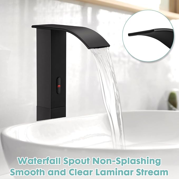 Touchless Bathroom Sink Faucets for 1 Hole, Hands-Free Automatic Motion Sensor Faucets with Tall Body,Black Waterfall Sink Faucets for Bathroom (Tall Body, Black)