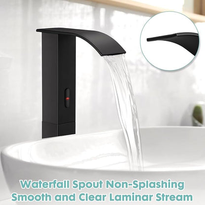 Touchless Bathroom Sink Faucets for 1 Hole, Hands-Free Automatic Motion Sensor Faucets with Tall Body,Black Waterfall Sink Faucets for Bathroom (Tall Body, Black)