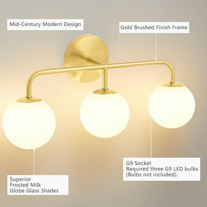 Gold Bathroom Vanity Lights, Mid Century Modern 3-Light Bathroom Lighting Fixtures Over Mirror, Brushed Gold Bathroom Lights Wall Sconce with Frosted Globe Milk Glass Shade, Wall Mount Light Fixture