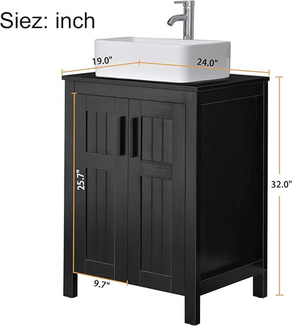 UEV Black 24" Bathroom Vanity with Sink Combo,Modern Vanity with Vessel Sink,Stylish Bathroom Vanity Cabinet,Grooved Doors & Metal Handles,Modern Rectangle Ceramic Vessel Sink(T03)
