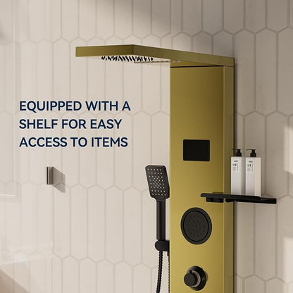 Homevacious 4 In 1 Shower Panel System with Shelf,LED Rain Shower Head and Adjustable Massage Body Jets,3 Functions Handheld Head and Tub Spout,Stainless Steel Bathroom Shower Fixtures,Polished Gold