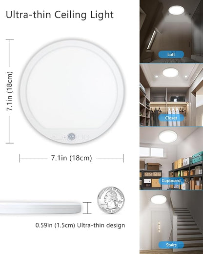 Rechargeable Motion Sensor Ceiling Lights for Hallway, Bathroom (Round) | Magnetic Mount Dimmable Closet Light with Remote, 7000mAh Battery Operated, 3 Color Modes, Wireless Installation