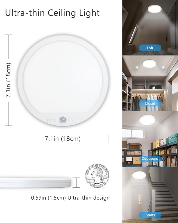 2 Pack Rechargeable Motion Sensor Ceiling Lights for Hallway, Stairs(Round) | Magnetic Mount Dimmable Closet Light with Remote, 7000mAh Battery Operated, 3 Color Modes, Wireless Installation
