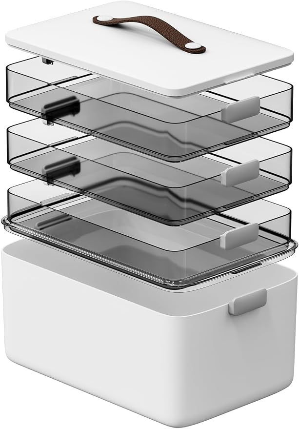 Spreezy 4-Tier Medicine Storage Box for First Aid, Craft, Art, Sewing | Portable Cabinet with Leather Handle, Lid & Clasp, Large Capacity Multifunctional Storage Box, for Home, Dorm/ Office