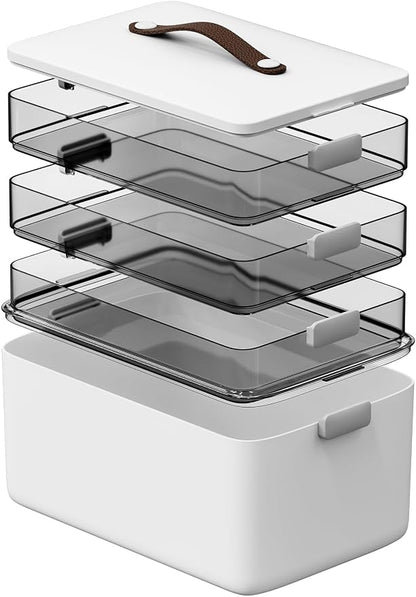 Spreezy 4-Tier Medicine Storage Box for First Aid, Craft, Art, Sewing | Portable Cabinet with Leather Handle, Lid & Clasp, Large Capacity Multifunctional Storage Box, for Home, Dorm/ Office