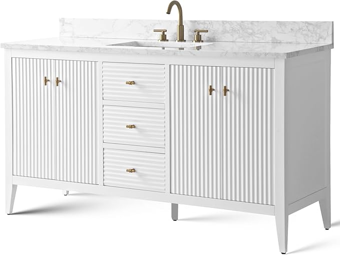 HOMEBEYOND 60" Bathroom Vanity with Single Sink, Solid Wood Bathroom Vanity Free-Standing Cabinet, Ceramic Top & Soft Closing Door, Golden Brushed Handware, White