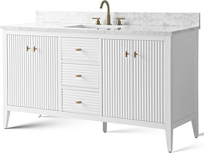 HOMEBEYOND 60" Bathroom Vanity with Single Sink, Solid Wood Bathroom Vanity Free-Standing Cabinet, Ceramic Top & Soft Closing Door, Golden Brushed Handware, White