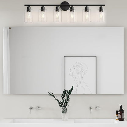 Espird 6 Lights Bathroom Vanity Light Fixtures Matte Black,Rustic Farmhouse Vanity Lighting Over Mirror Modern Industrial Lamp with Cylinder Glass Shade UL Certified
