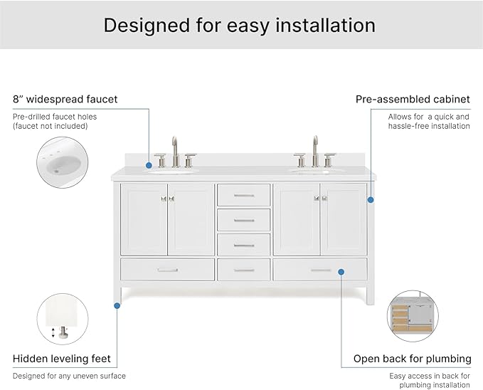 ARIEL Cambridge 72-inch Bathroom Vanity with Sink,Solid Wood, 1.5-inch Pure White Quartz Countertop & Backsplash, Double Oval Porcelain Sink, 4 Soft Closing Doors, 6 Dovetail Drawers, White