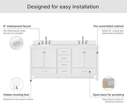 ARIEL Cambridge 72-inch Bathroom Vanity with Sink,Solid Wood, 1.5-inch Pure White Quartz Countertop & Backsplash, Double Oval Porcelain Sink, 4 Soft Closing Doors, 6 Dovetail Drawers, White