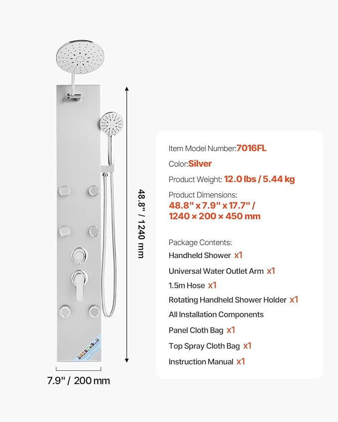 VEVOR Shower Panel Tower System with Rainfall Shower Head, 49 in Brushed Stainless Steel Shower Column, 3-Function Faucet, High Pressure Wall-Mount Rain Massage System with 6 Body Jets and Handheld