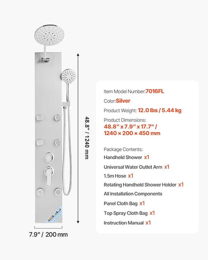 VEVOR Shower Panel Tower System with Rainfall Shower Head, 49 in Brushed Stainless Steel Shower Column, 3-Function Faucet, High Pressure Wall-Mount Rain Massage System with 6 Body Jets and Handheld