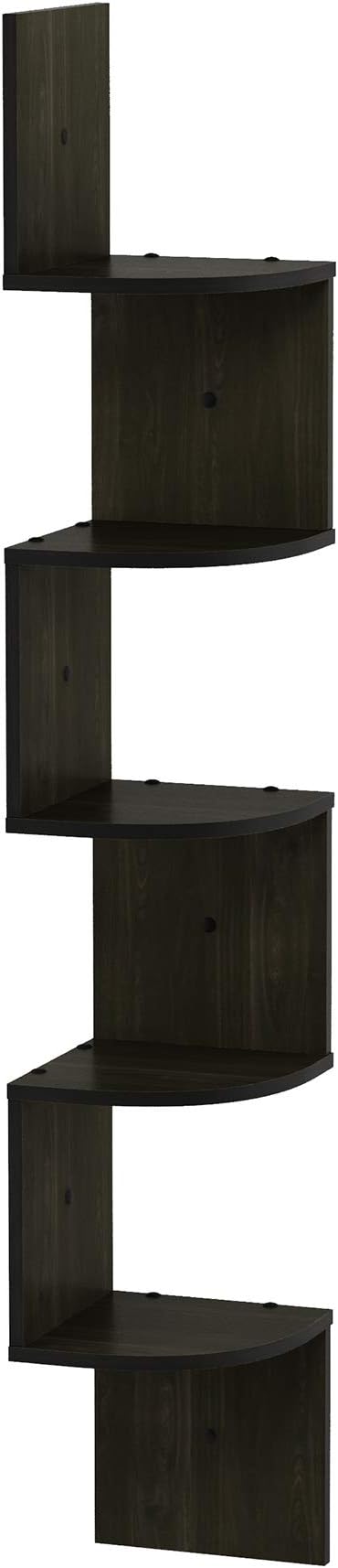 Furinno ROSSI Floating Book Shelves for Wall, 5-Tier Zigzag Corner Shelf Wall Mounted, Radial Corner Floating Shelf, for Living Room, Bedroom, Bathroom, Home Office, Espresso