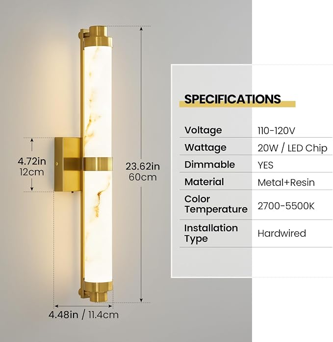 23.6" Modern Wall Sconce, 5CCT Dimmable LED Bathroom Vanity Light, Brushed Gold Wall Light with Resin Shade, 20W Hardwired Vanity Lighting for Bedroom, Living Room, Hallway