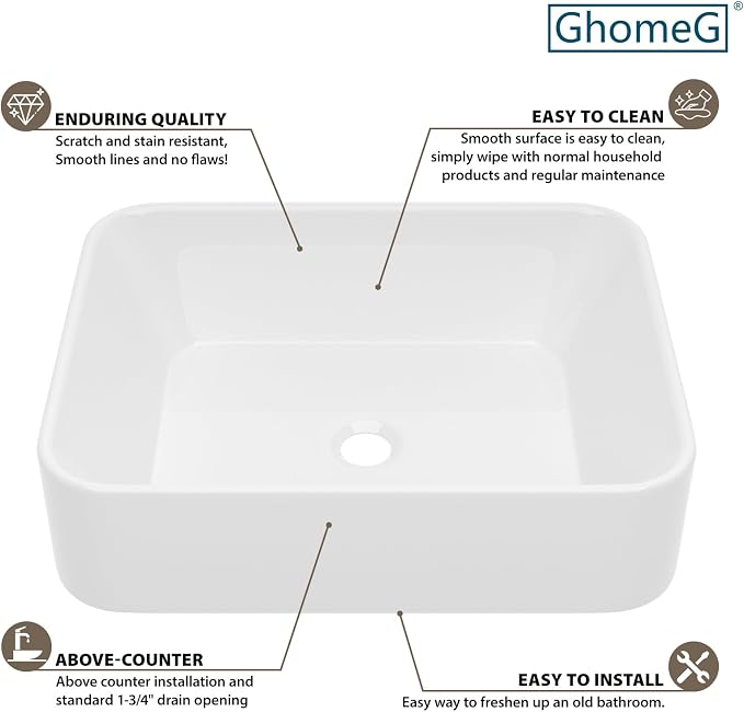 White Bathroom Vessel Sink Ceramic Vanity Art Basin Above Counter | 19x15 Inch Rectangular Bathroom Sink Porcelain Vessel Vanity Sink