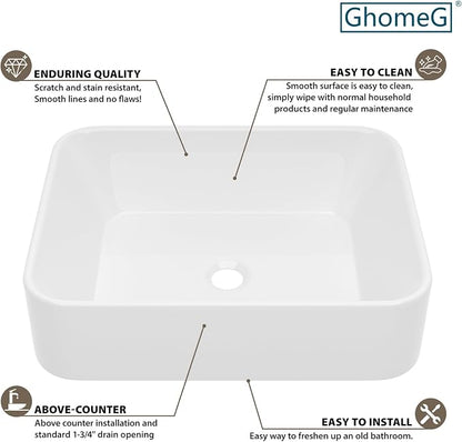 White Bathroom Vessel Sink Ceramic Vanity Art Basin Above Counter | 19x15 Inch Rectangular Bathroom Sink Porcelain Vessel Vanity Sink